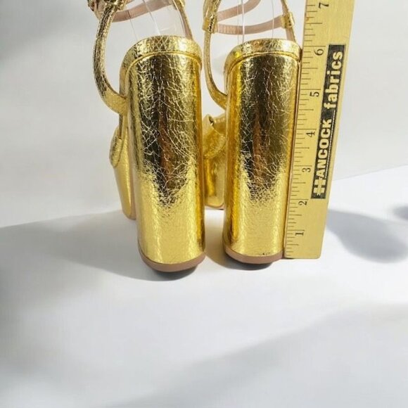 Lulus Bow Platform Ankle Strap Heels Gold Metallic Size 7M - Picture 7 of 13